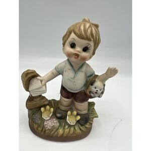Vintage Original Arnat Figurines Boy. Ceramic, Holding A Puppy